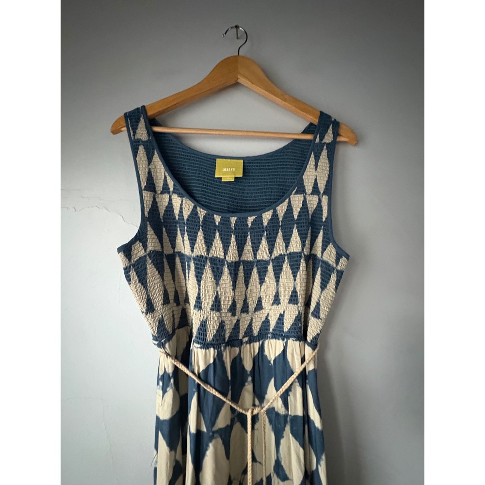 Anthropologie Maeve Castalia Blue Geometric Smocked Midi Dress Size 12 - Picture 4 of 10
